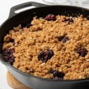 Close up shot of the pan of Apple Blackberry Crumble.