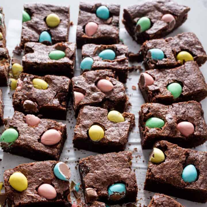 Mini Egg Brownies cut into bite-sized pieces.