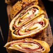 Sliced pieces of stromboli reheated in the air fryer.