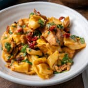 A plate of marry me chicken tortellini.