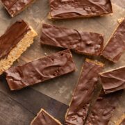 Chocolate peanut butter Rice Krispie treats cut into bars.