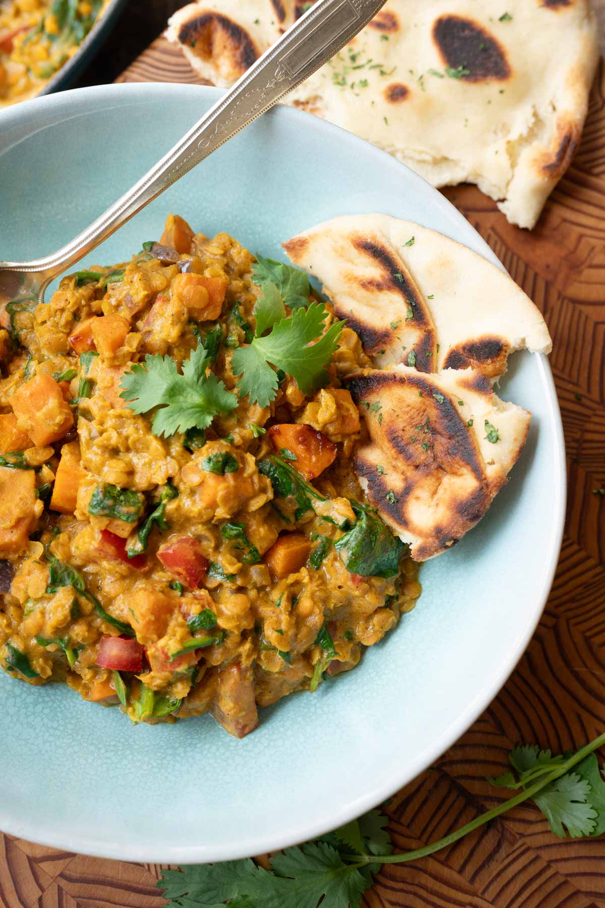 A plate of red curry lentils with sweet potatoes and spinach.