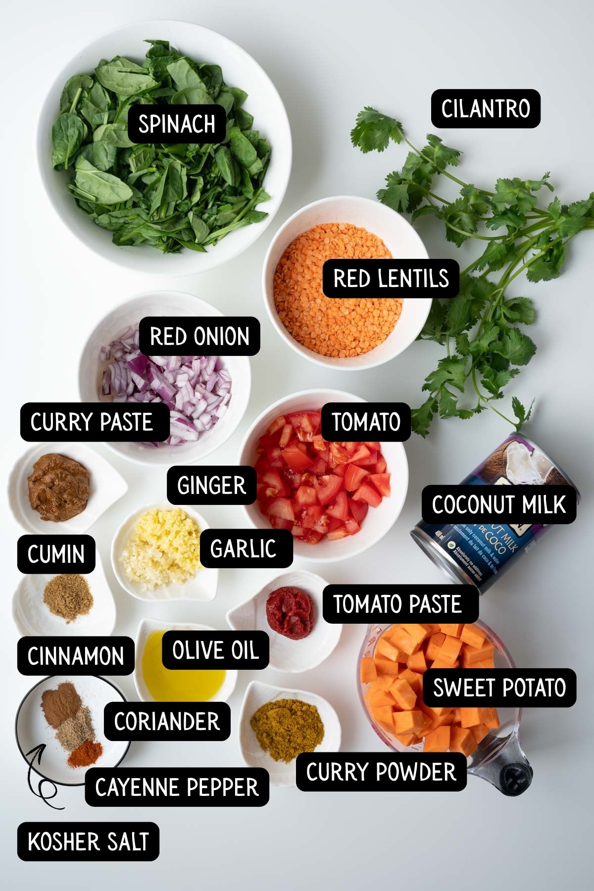The ingredients needed to make red curry lentils with sweet potatoes and spinach.