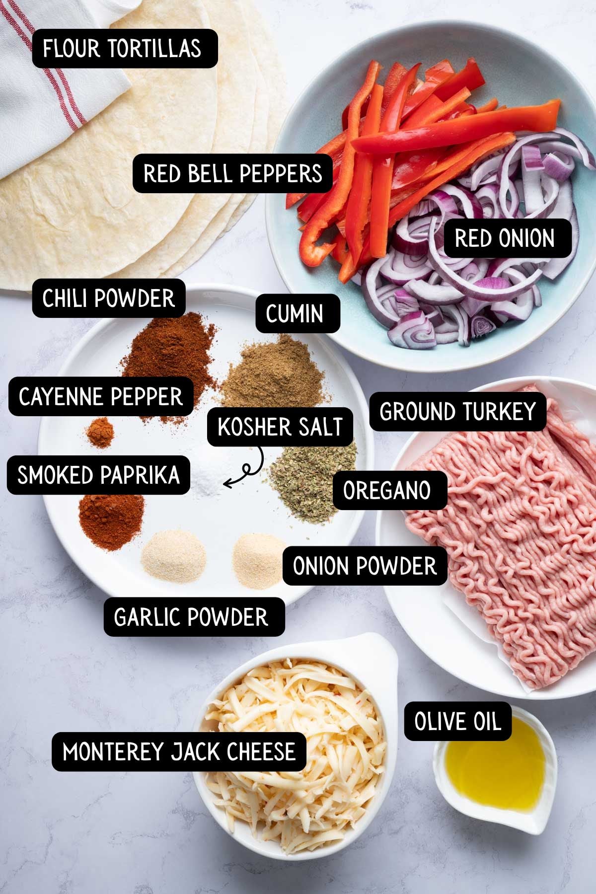 The ingredients needed to make ground turkey fajitas.