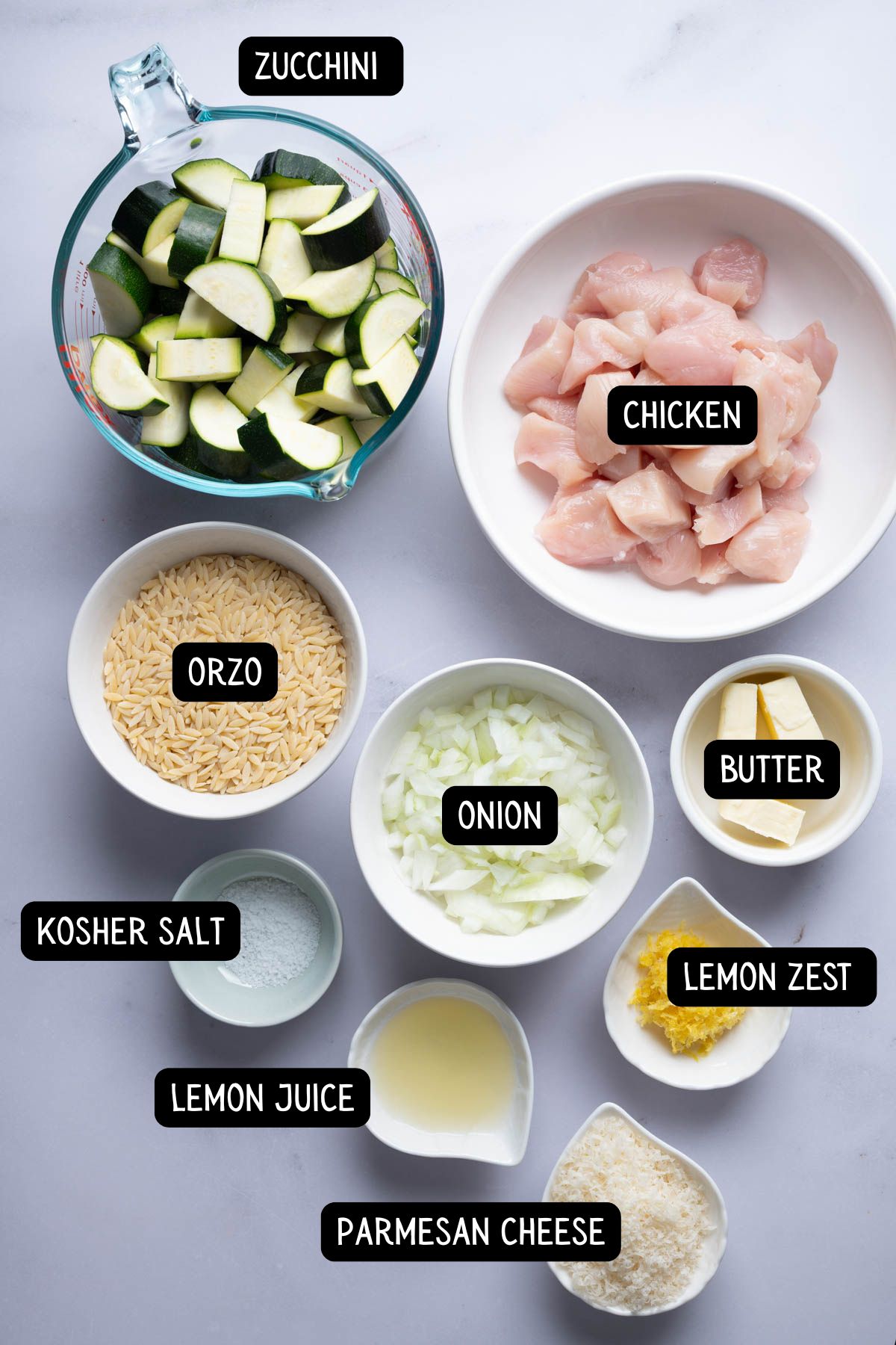 The ingredients needs to make lemon chicken orzo.