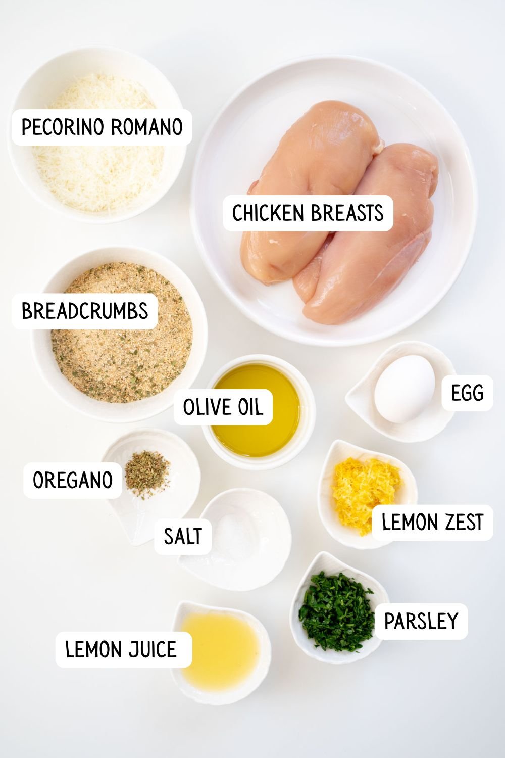 The labeled ingredients needed to make baked and breaded chicken cutlets.