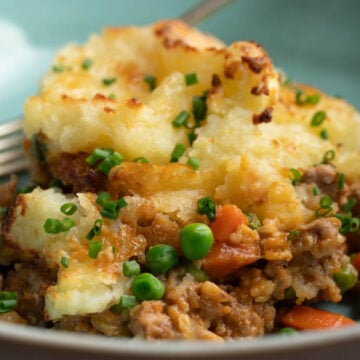 Shepherd's pie with ground pork in a bowl.