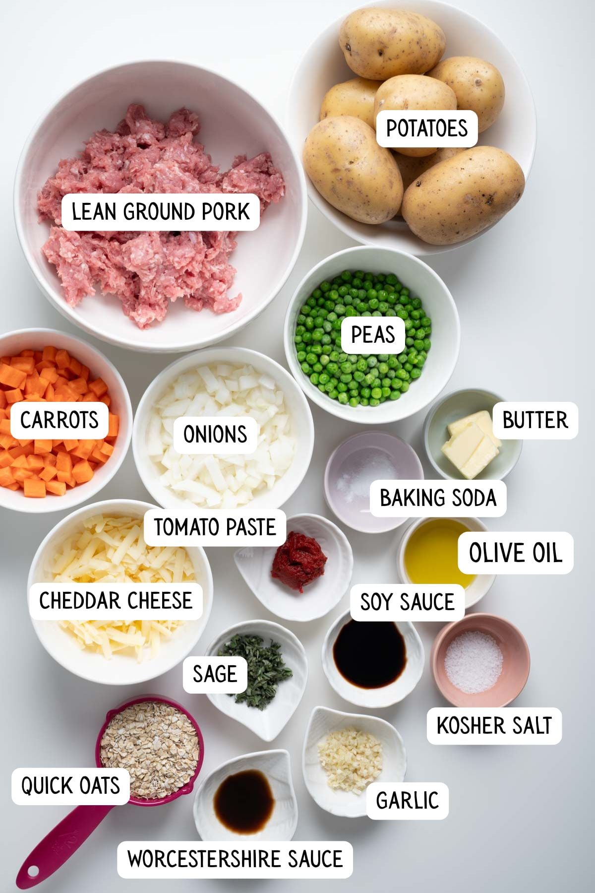 The ingredients needed to make shepherd's pie with ground pork.