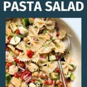 A bowl of farfalle pasta salad.