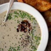 A bowl of creamy mushroom and leek soup.