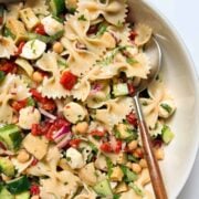 Farfalle pasta salad in a bowl.