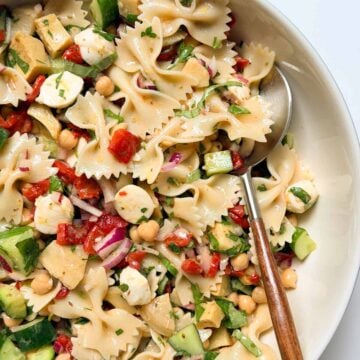 Farfalle pasta salad in a bowl.