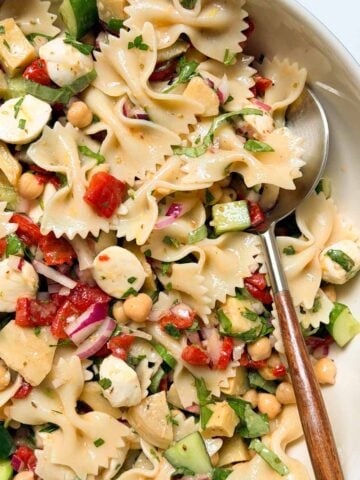 Farfalle pasta salad in a bowl.