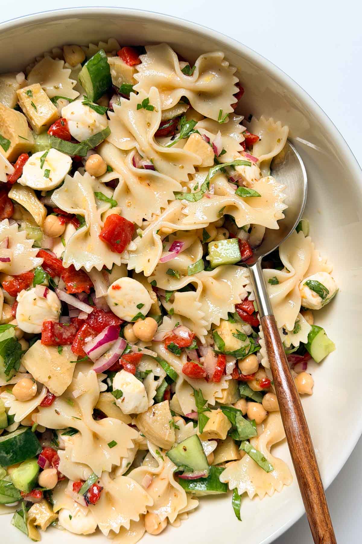 Farfalle pasta salad in a bowl.