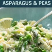 A bowl of lemony orzo with asparagus and peas.